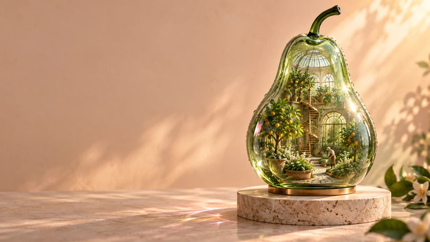 A clear jade glass pear containing a miniature sunlit botanical conservatory and brass spiral staircase on a travertine plinth.